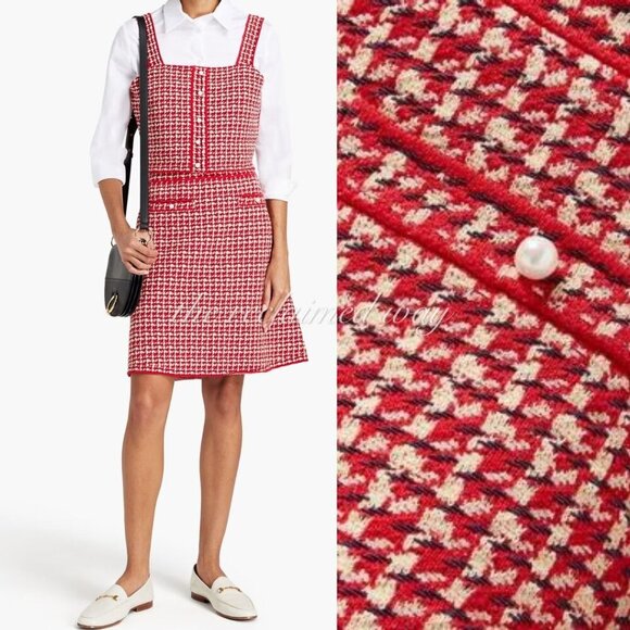 Sandro Tweed Matching Set Two Piece Daniella Crop Top Blandine Skirt Red Pearls - Picture 2 of 15